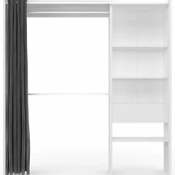 Dressing Extensible 120/170 x 50 x 180 cm Blanc avec étagères + Double penderie + Rideau Gris