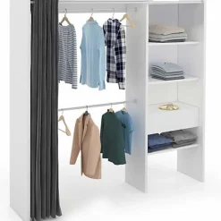 Dressing Extensible 120/170 x 50 x 180 cm Blanc avec étagères + Double penderie + Rideau Gris