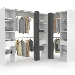Dressing extensible d'angle MARLON 230 x 140 x 180 cm blanc avec penderies + étagères + rideaux gris