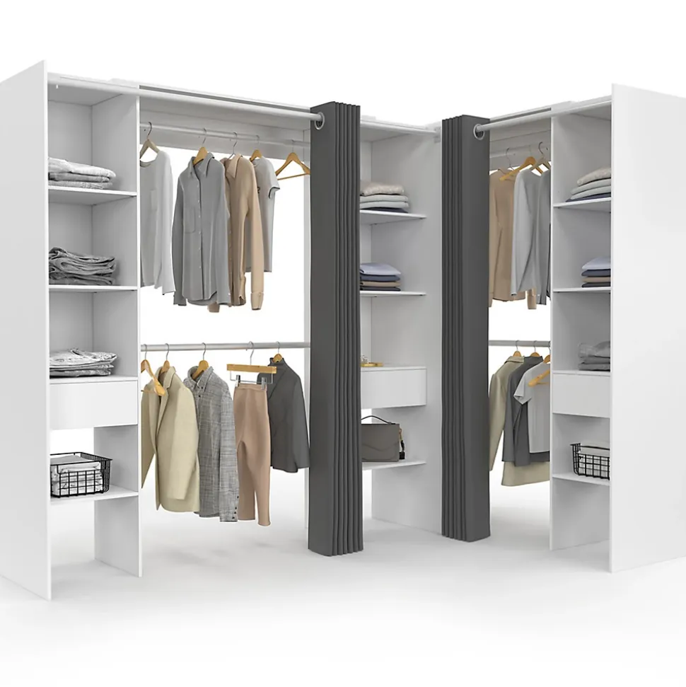 Dressing extensible d'angle MARLON 230 x 140 x 180 cm blanc avec penderies + étagères + rideaux gris
