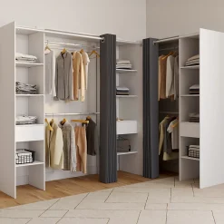 Dressing extensible d'angle MARLON 230 x 140 x 180 cm blanc avec penderies + étagères + rideaux gris
