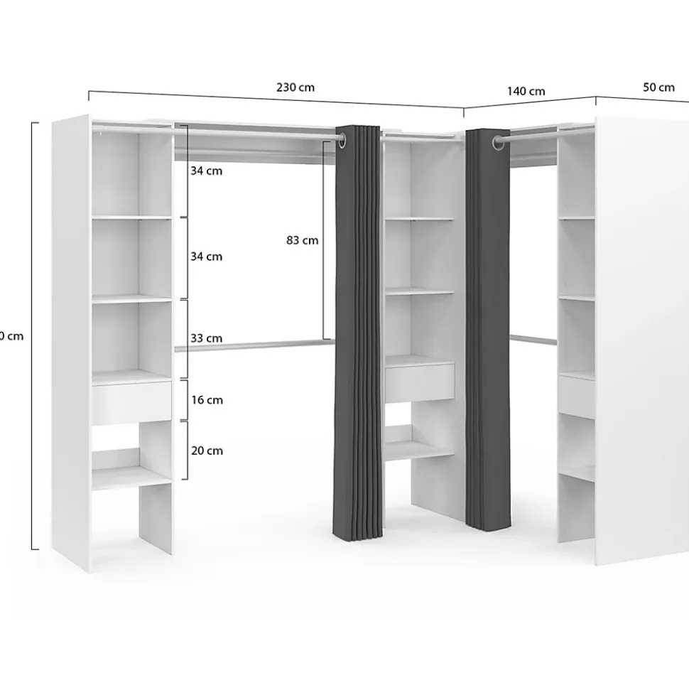 Dressing extensible d'angle MARLON 230 x 140 x 180 cm blanc avec penderies + étagères + rideaux gris