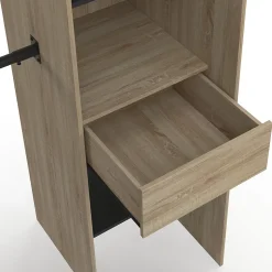 Dressing extensible d'angle MARLON 230 x 140 x 180 cm hêtre avec penderies + étagères + rideaux noirs