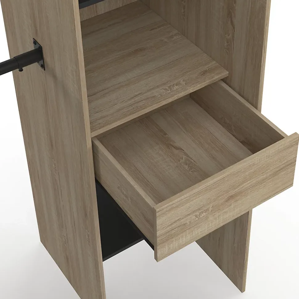 Dressing extensible d'angle MARLON 230 x 140 x 180 cm hêtre avec penderies + étagères + rideaux noirs
