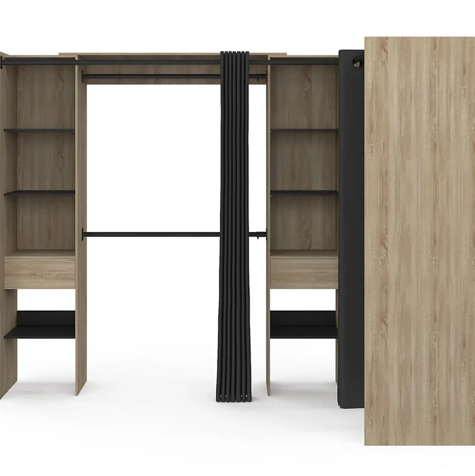 Dressing extensible d'angle MARLON 230 x 140 x 180 cm hêtre avec penderies + étagères + rideaux noirs