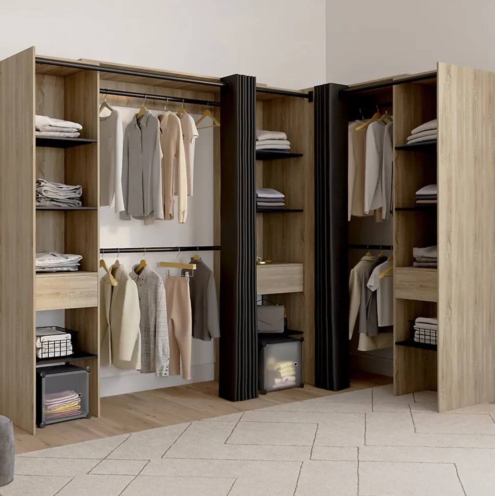 Dressing extensible d'angle MARLON 230 x 140 x 180 cm hêtre avec penderies + étagères + rideaux noirs