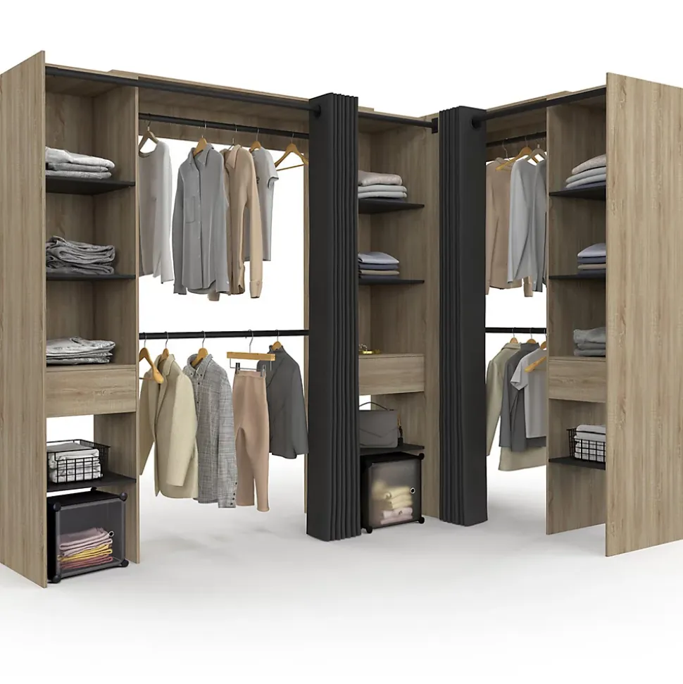 Dressing extensible d'angle MARLON 230 x 140 x 180 cm hêtre avec penderies + étagères + rideaux noirs