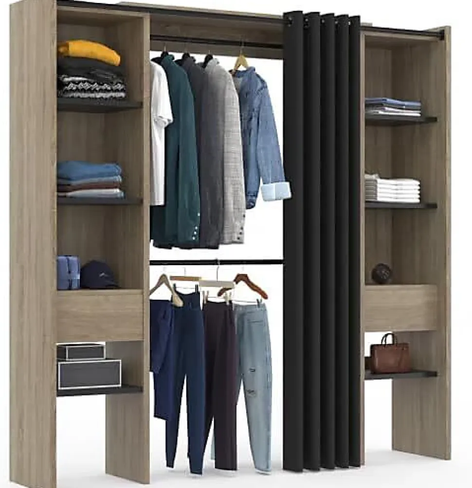 Dressing Extensible Double 120/180 x 50 x 180 cm hêtre avec étagères hêtre + Double penderie + Rideau Noir