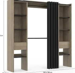 Dressing Extensible Double 120/180 x 50 x 180 cm hêtre avec étagères hêtre + Double penderie + Rideau Noir