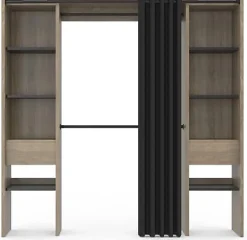 Dressing Extensible Double 120/180 x 50 x 180 cm hêtre avec étagères hêtre + Double penderie + Rideau Noir