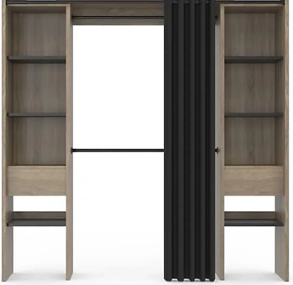 Dressing Extensible Double 120/180 x 50 x 180 cm hêtre avec étagères hêtre + Double penderie + Rideau Noir