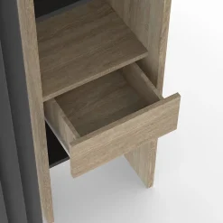Dressing extensible double MERYL 120/180 x 50 x 180 cm hêtre avec étagères hêtre + double penderie + rideau noir