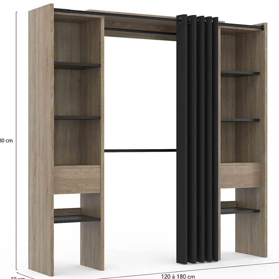 Dressing extensible double MERYL 120/180 x 50 x 180 cm hêtre avec étagères hêtre + double penderie + rideau noir