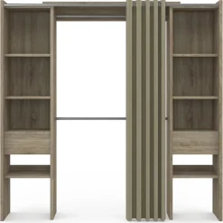 Dressing extensible double MERYL 120/180 x 50 x 180 cm hêtre avec étagères + double penderie + rideau taupe