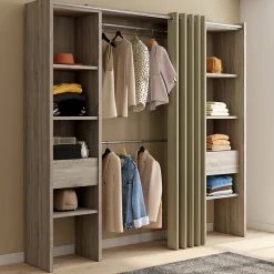 Dressing extensible double MERYL 120/180 x 50 x 180 cm hêtre avec étagères + double penderie + rideau taupe