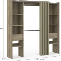 Dressing extensible double MERYL 120/180 x 50 x 180 cm hêtre avec étagères + double penderie + rideau taupe
