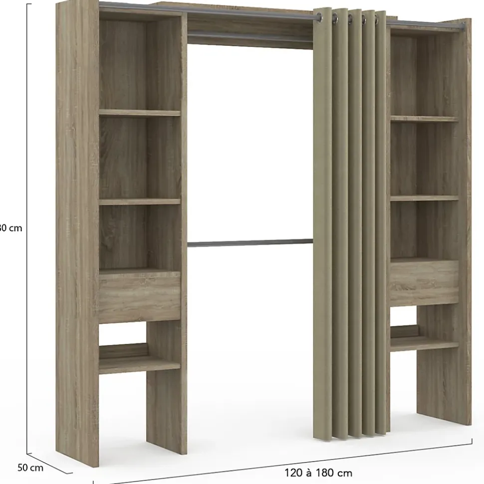 Dressing extensible double MERYL 120/180 x 50 x 180 cm hêtre avec étagères + double penderie + rideau taupe