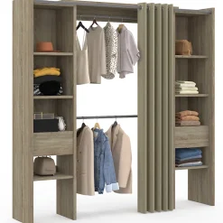 Dressing extensible double MERYL 120/180 x 50 x 180 cm hêtre avec étagères + double penderie + rideau taupe