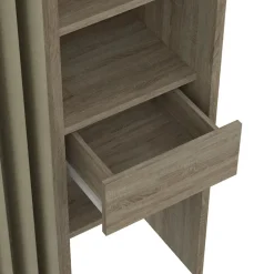 Dressing extensible double MERYL 120/180 x 50 x 180 cm hêtre avec étagères + double penderie + rideau taupe