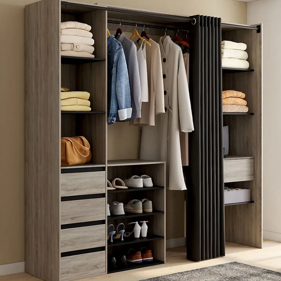 Dressing extensible double XXL MERYL 120/180 cm hêtre avec tiroirs + étagères + penderie + rideau noir