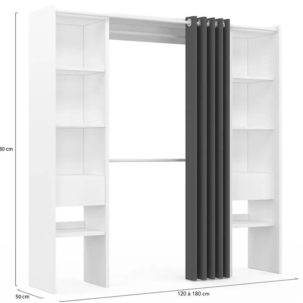 Dressing extensible double MERYL 120/180 x 50 x 180 cm blanc avec étagères + double penderie + rideau gris