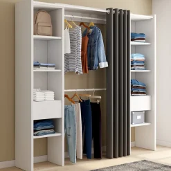 Dressing extensible double MERYL 120/180 x 50 x 180 cm blanc avec étagères + double penderie + rideau gris