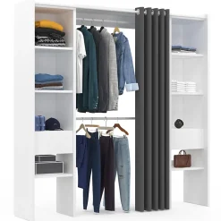 Dressing extensible double MERYL 120/180 x 50 x 180 cm blanc avec étagères + double penderie + rideau gris