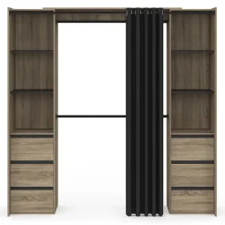 Dressing extensible double MERYL 120/180 cm hêtre avec 6 tiroirs + étagères + double penderie + rideau noir