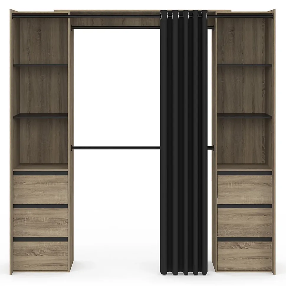 Dressing extensible double MERYL 120/180 cm hêtre avec 6 tiroirs + étagères + double penderie + rideau noir