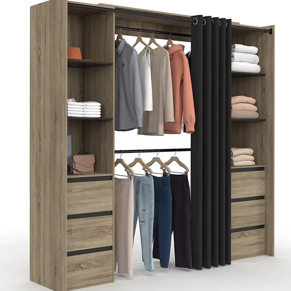 Dressing extensible double MERYL 120/180 cm hêtre avec 6 tiroirs + étagères + double penderie + rideau noir