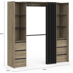 Dressing extensible double MERYL 120/180 cm hêtre avec 6 tiroirs + étagères + double penderie + rideau noir