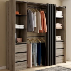 Dressing extensible double MERYL 120/180 cm hêtre avec 6 tiroirs + étagères + double penderie + rideau noir