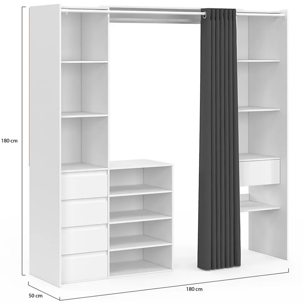 Dressing extensible double XXL MERYL 120/180 cm blanc avec tiroirs + étagères + penderie + rideau gris