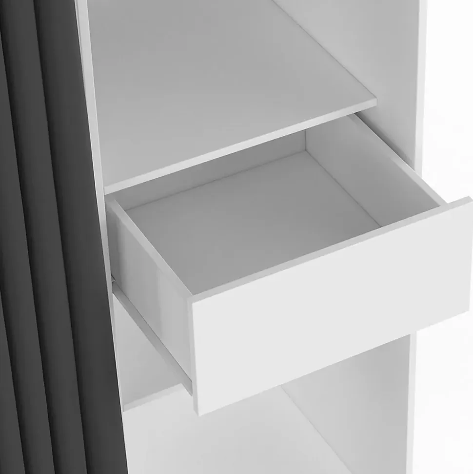 Dressing extensible double XXL MERYL 120/180 cm blanc avec tiroirs + étagères + penderie + rideau gris