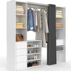 Dressing extensible double XXL MERYL 120/180 cm blanc avec tiroirs + étagères + penderie + rideau gris