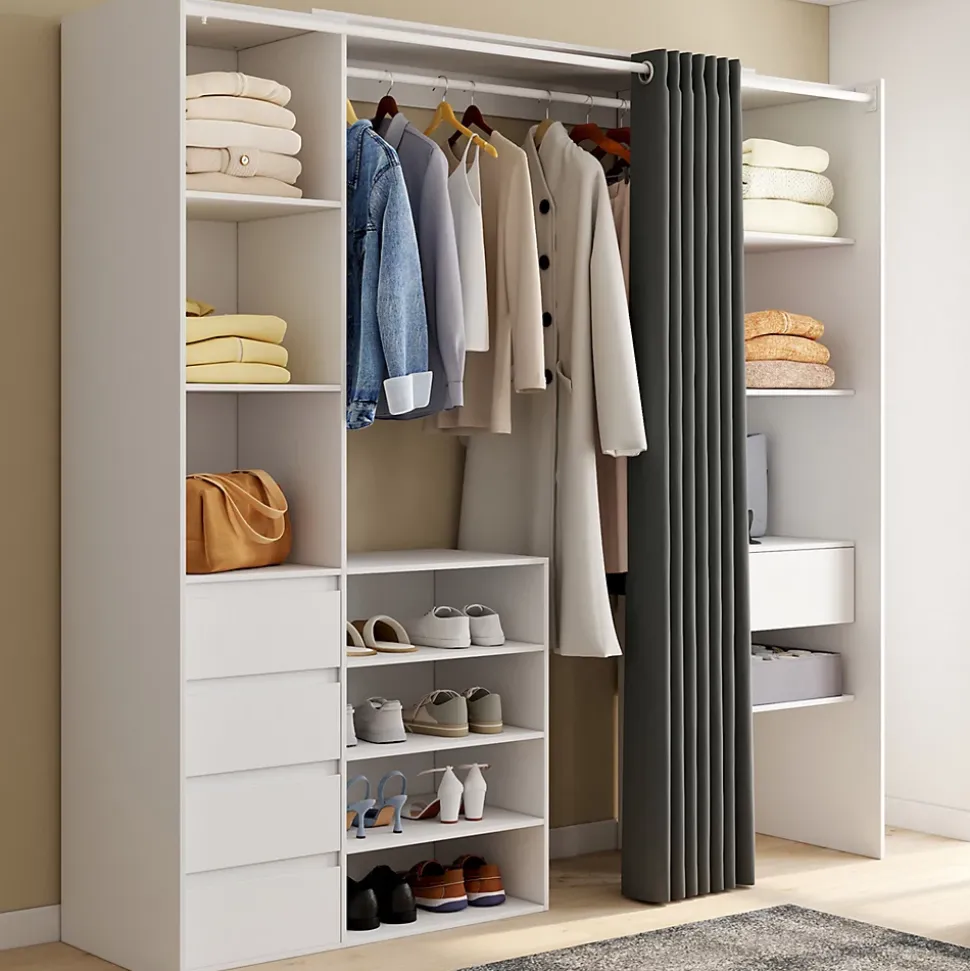 Dressing extensible double XXL MERYL 120/180 cm blanc avec tiroirs + étagères + penderie + rideau gris