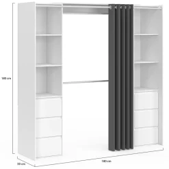 Dressing extensible double MERYL 120/180 cm blanc avec 6 tiroirs + étagères + double penderie + rideau gris
