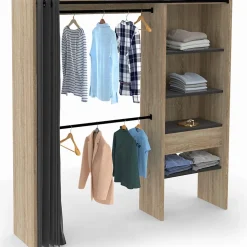 Dressing extensible MARTY 120/170 x 50 x 180 cm hêtre avec étagères + double penderie + rideau noir