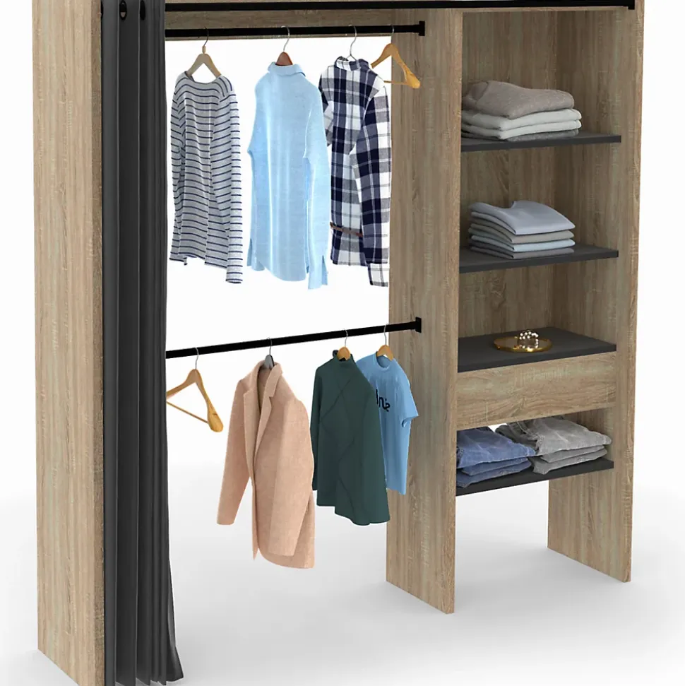 Dressing extensible MARTY 120/170 x 50 x 180 cm hêtre avec étagères + double penderie + rideau noir