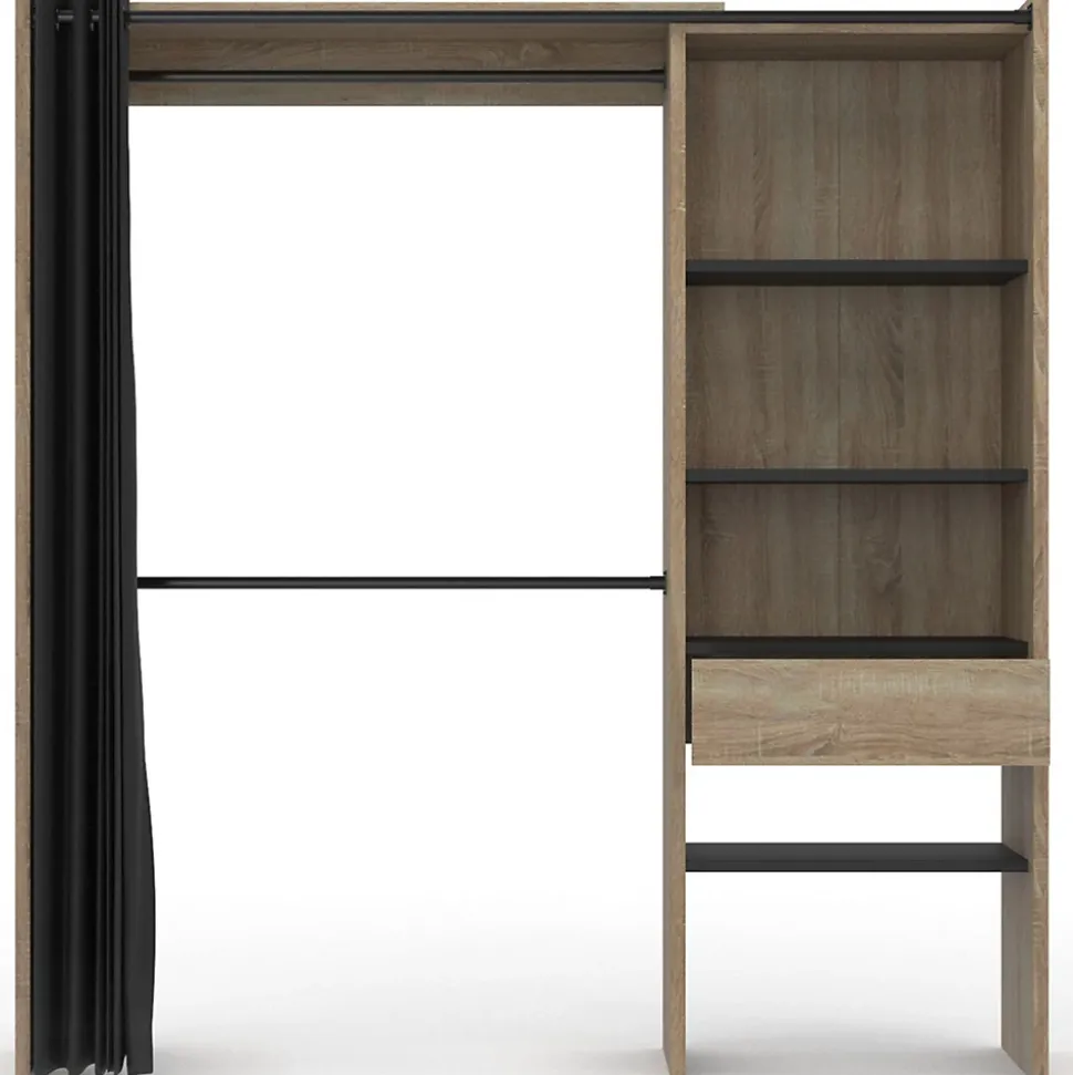 Dressing extensible MARTY 120/170 x 50 x 180 cm hêtre avec étagères + double penderie + rideau noir