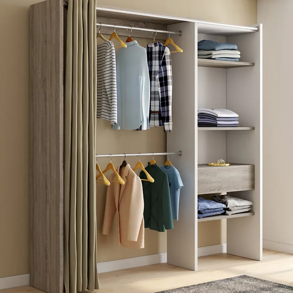 Dressing extensible MARTY 120/170 x 50 x 180 cm blanc avec étagères hêtre + double penderie + rideau taupe