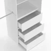 Dressing extensible MARTY 120/170 x 50 x 180 cm blanc avec 3 tiroirs + étagères + double penderie + rideau gris