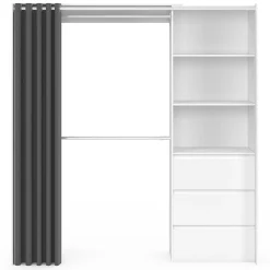 Dressing extensible MARTY 120/170 x 50 x 180 cm blanc avec 3 tiroirs + étagères + double penderie + rideau gris