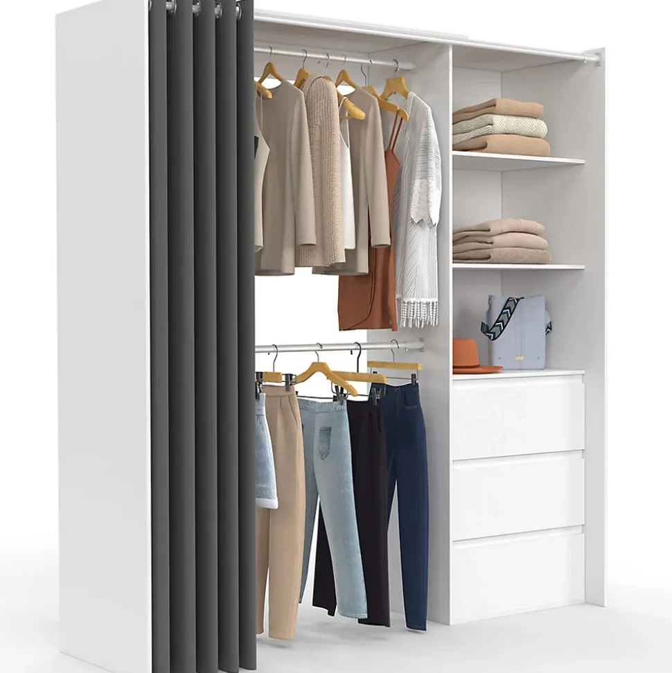 Dressing extensible MARTY 120/170 x 50 x 180 cm blanc avec 3 tiroirs + étagères + double penderie + rideau gris