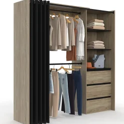 Dressing extensible MARTY 120/170 x 50 x 180 cm hêtre avec 3 tiroirs + étagères + double penderie + rideau noir