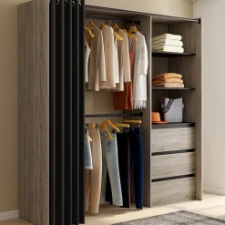 Dressing extensible MARTY 120/170 x 50 x 180 cm hêtre avec 3 tiroirs + étagères + double penderie + rideau noir