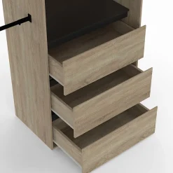 Dressing extensible MARTY 120/170 x 50 x 180 cm hêtre avec 3 tiroirs + étagères + double penderie + rideau noir