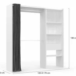 Dressing extensible MARTY 120/170 x 50 x 180 cm blanc avec étagères + double penderie + rideau gris