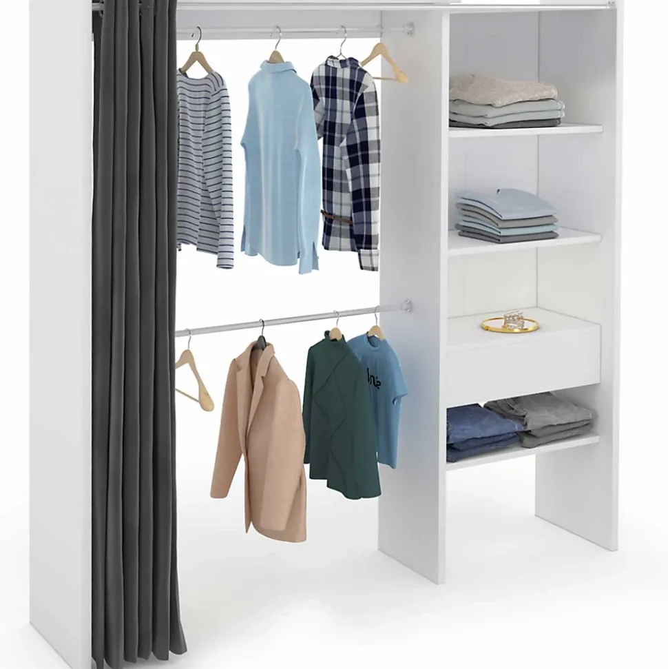 Dressing extensible MARTY 120/170 x 50 x 180 cm blanc avec étagères + double penderie + rideau gris