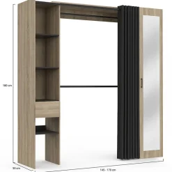 Dressing extensible MERYL 145/170 x 50 x 180 cm hêtre avec étagères + double penderie + miroir + rideau noir